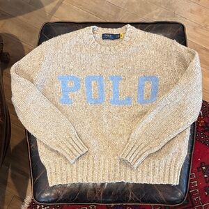 Polo by Ralph Lauren Tan Sweater with Light Blue Lettering